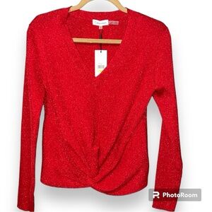 Calvin Klein medium red dressy pullover v-neck sweater ruched bottom sparkly NWT